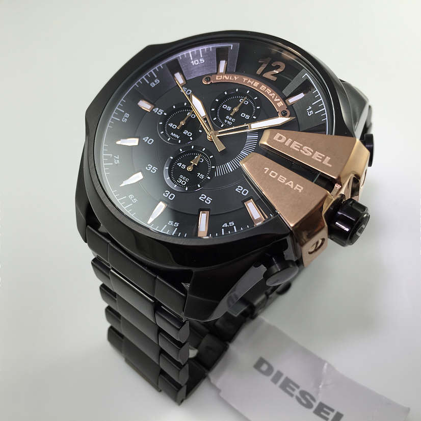 Diesel Mega Chief Chronograph Black Dial Black Steel Strap Watch For Men - DZ4309