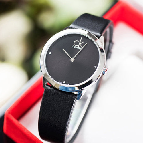 Calvin Klein Minimal Diamonds Black Dial Black Leather Strap Watch for Men - K3M211CS
