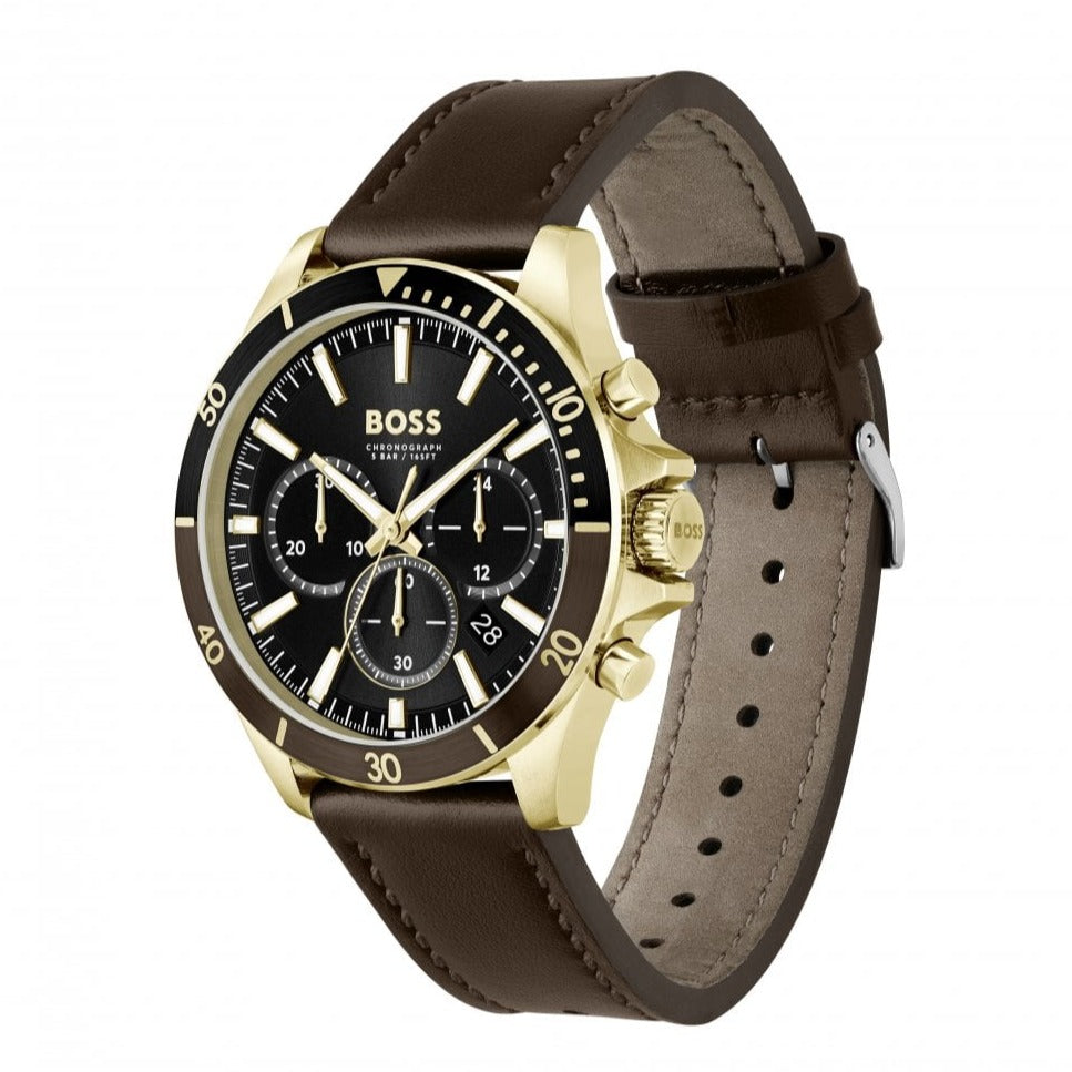 Hugo Boss Troper Chronograph Black Dial Brown Leather Strap Watch For Men - 1514100