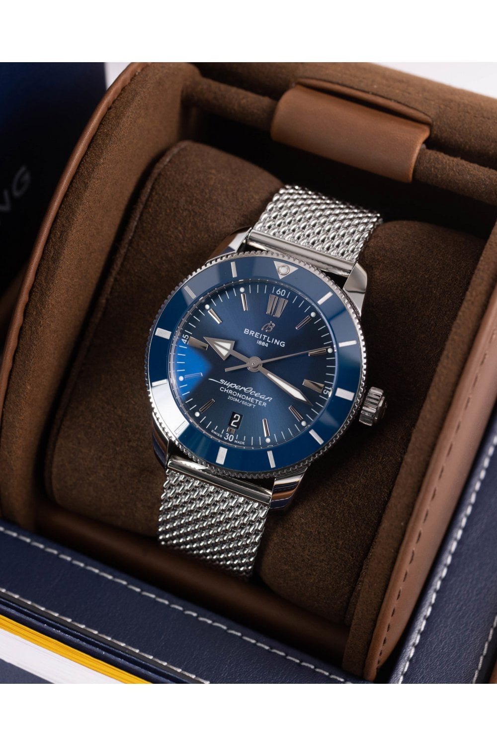 Breitling Superocean Heritage B20 Automatic 44 Blue Dial Silver Mesh Bracelet Watch for Men - AB2030161C1A1