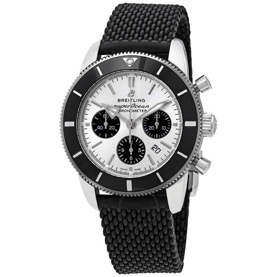 Breitling Superocean Heritage B01 Chronograph 44 Silver Dial Black Mesh Bracelet Watch for Men - AB0162121G1S1