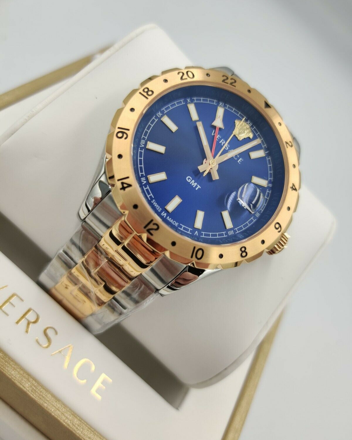 Versace Hellenyium GMT Blue Dial Two Tone Steel Strap Watch for Men - V11060017