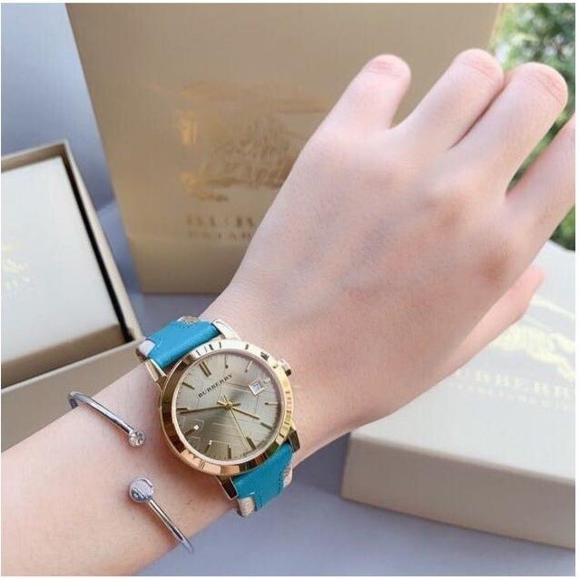 Burberry Heritage Gold Dial Turquoise Leather Strap Watch for Women - BU9112