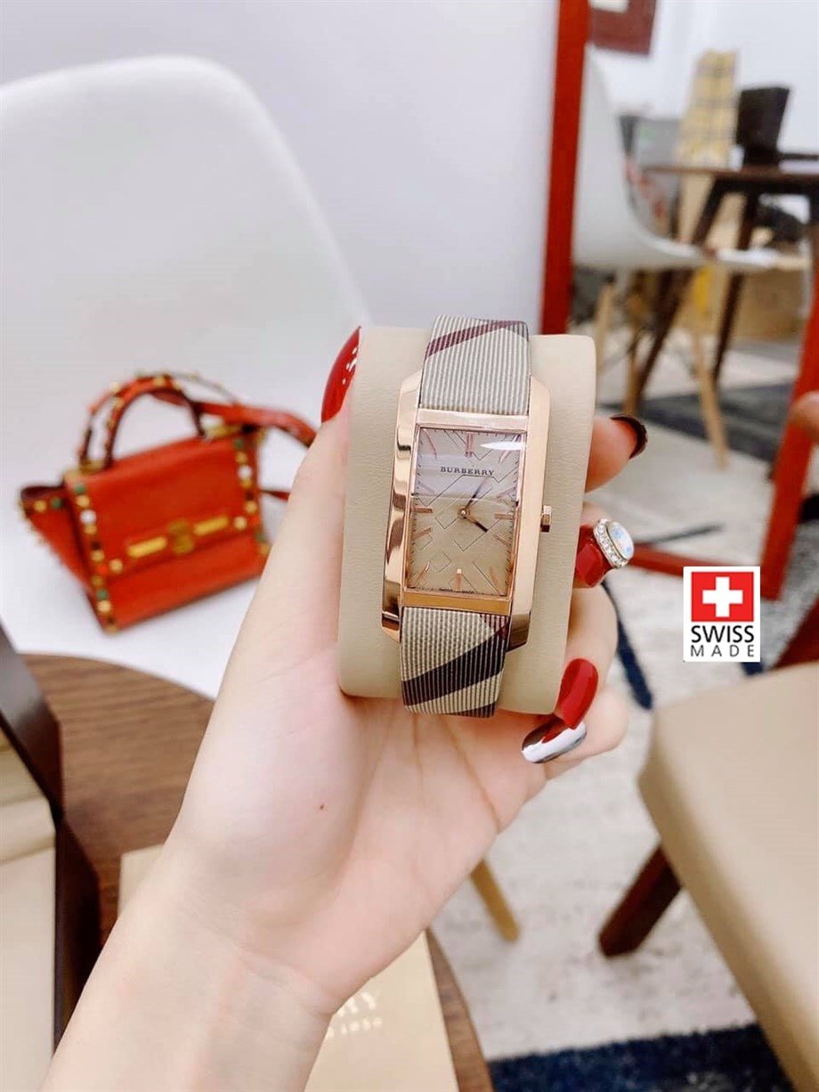 Burberry The Pioneer Rose Gold Dial Haymarket Brown Leather Strap Watch for Women - BU9408