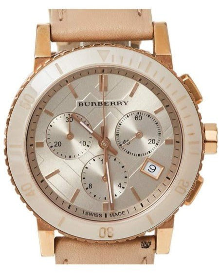 Burberry Chronograph Rose Gold Dial Beige Leather Strap Watch for Women - BU9704