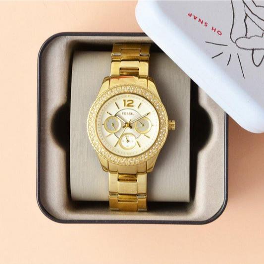 Fossil Stella Multifunction Gold Dial Gold Steel Strap Watch for Women - ES3589