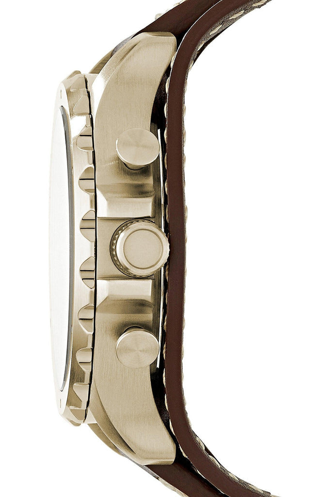 Fossil Nate Chronograph Gold Dial Brown Leather Strap Watch for Men - JR1495