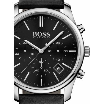 Hugo Boss Time One Chronograph Black Dial Black Leather Strap Watch for Men - 1513430