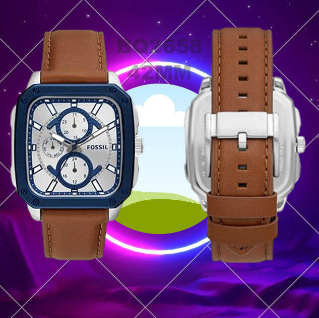 Fossil Inscription Multifunction Silver Dial Brown Leather Strap Watch for Men - BQ2658