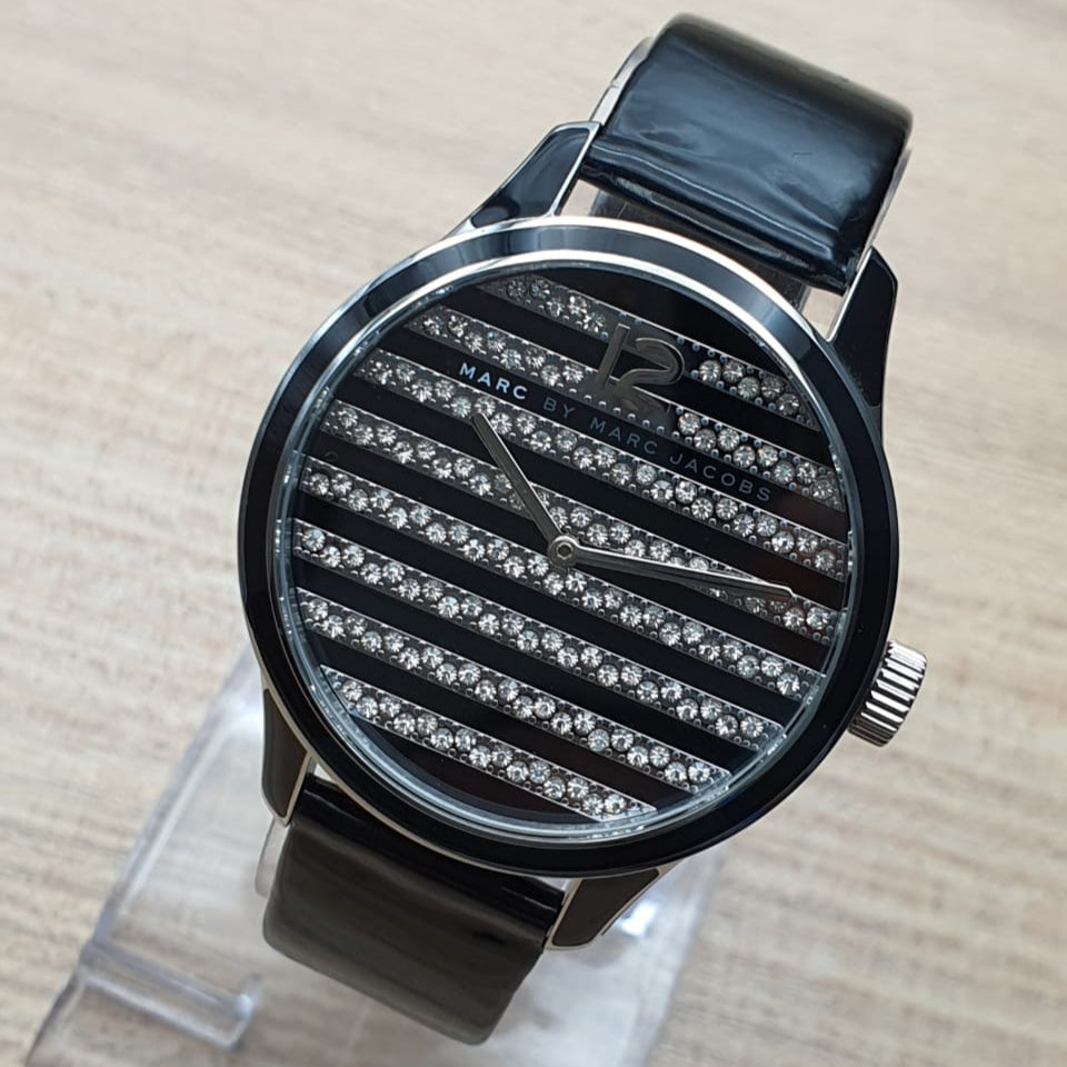 Marc Jacobs Lidia Stripe Glitz Black Dial Black Leather Strap Watch for Women - MBM1166