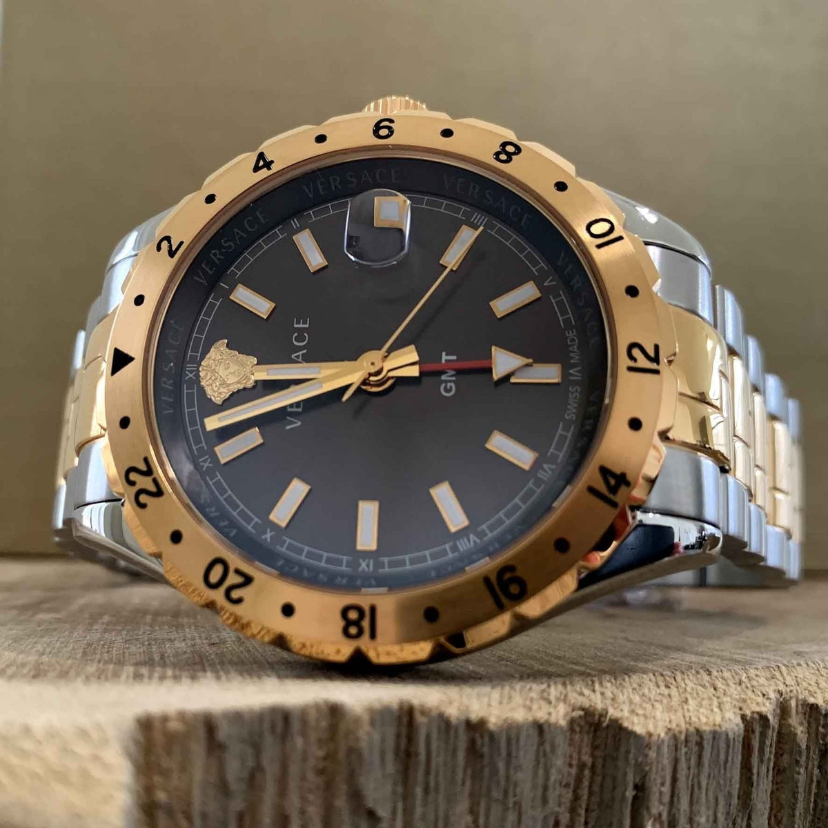 Versace Hellenyium GMT Black Dial Two Tone Steel Strap Watch for Men - V11040015