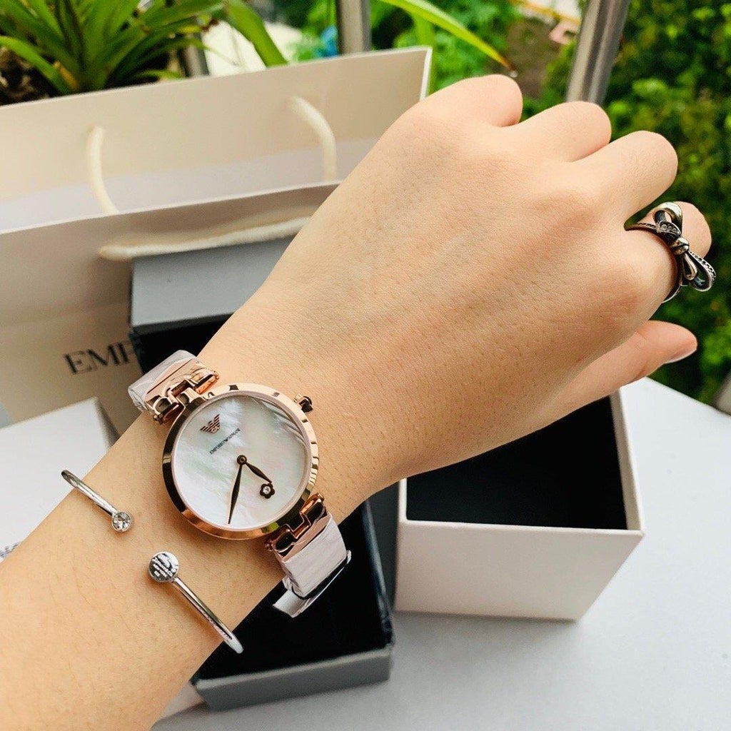 Emporio Armani Arianna White Mother of Pearl Dial Rose Gold Steel Strap Watch For Women - AR11236