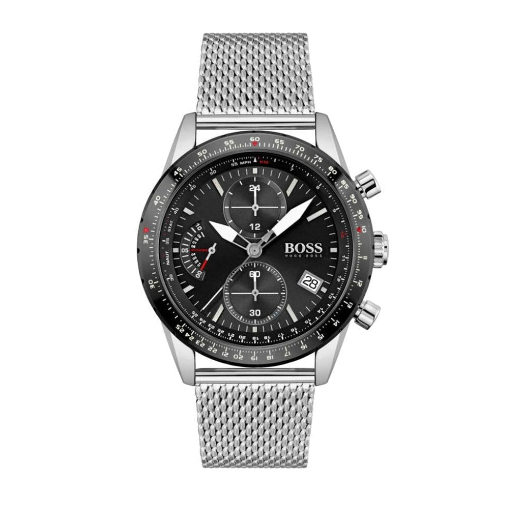Hugo Boss Pilot Edition Chronograph Black Dial Silver Mesh Bracelet Watch for Men - 1513886