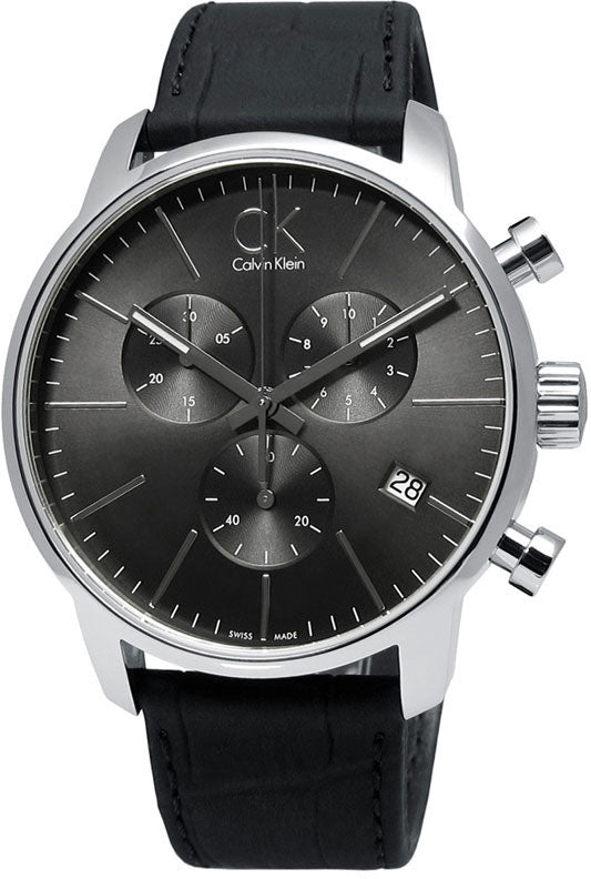 Calvin Klein City Chronograph Black Dial Black Leather Strap Watch for Men - K2G271C3