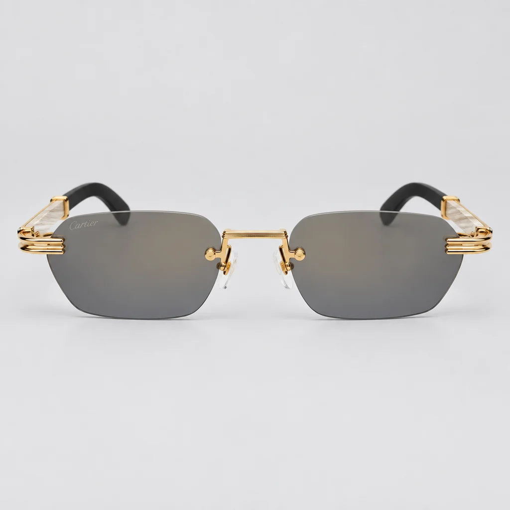  Cartier Première de Men Rimless Rectangular Gold White Grey Sunglasses