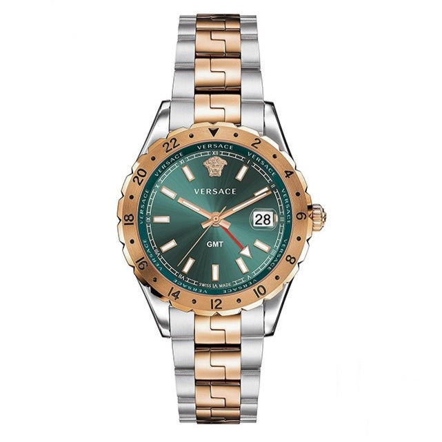 Versace Hellenyium GMT Green Dial Two Tone Steel Strap Watch for Men - V11050015