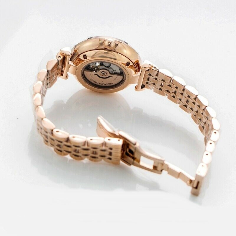 Emporio Armani Meccanico Gianni T-Bar Silver Dial Rose Gold Steel Strap Watch For Women - AR60023