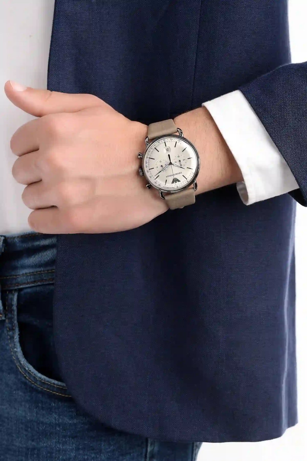 Emporio Armani Aviator Chronograph Grey Dial Beige Leather Strap Watch For Men - AR11107
