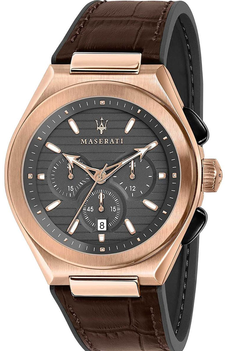 Maserati Triconic Chronograph Grey Dial Brown Leather Strap Watch For Men - R8871639003