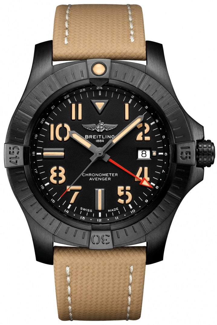 Breitling Avenger Automatic GMT 45 Black Dial Brown Nylon Strap Watch for Men - V32395101B1X1