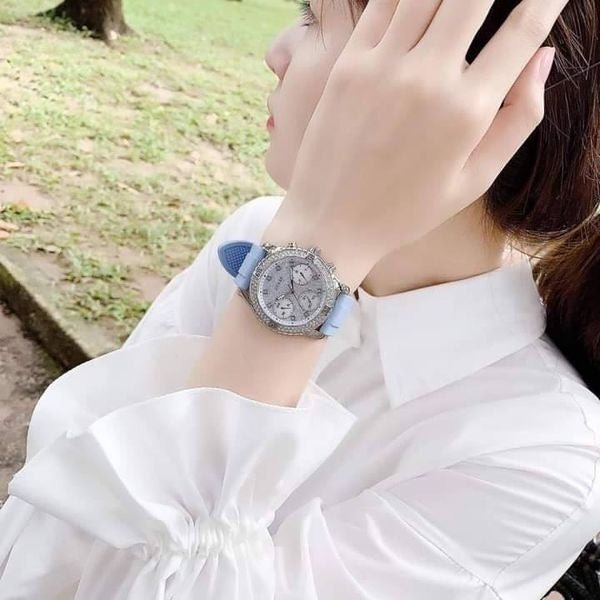 Guess Confetti Crystal Silver Dial Blue Rubber Strap Watch For Women - W1098L3
