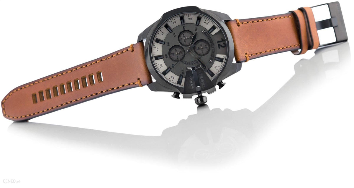 Diesel Mega Chief Chronograph Grey Dial Brown Leather Strap Watch For Men - DZ4463