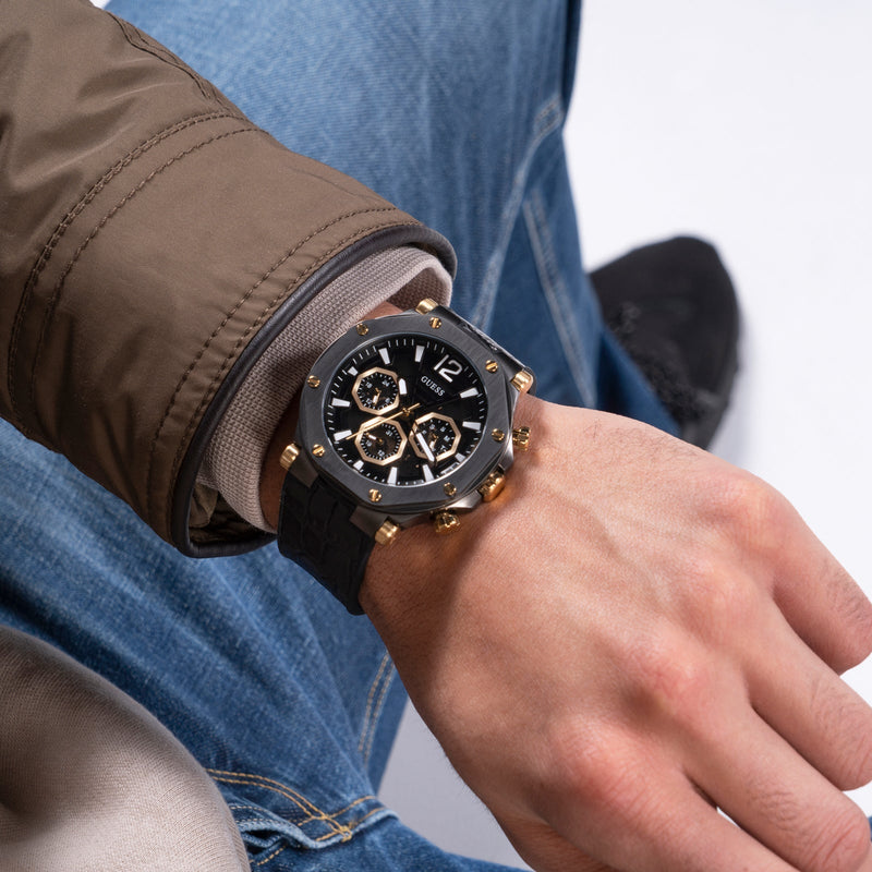 Guess Edge Chronograph Black Dial Black Leather Strap Watch For Men - GW0492G1