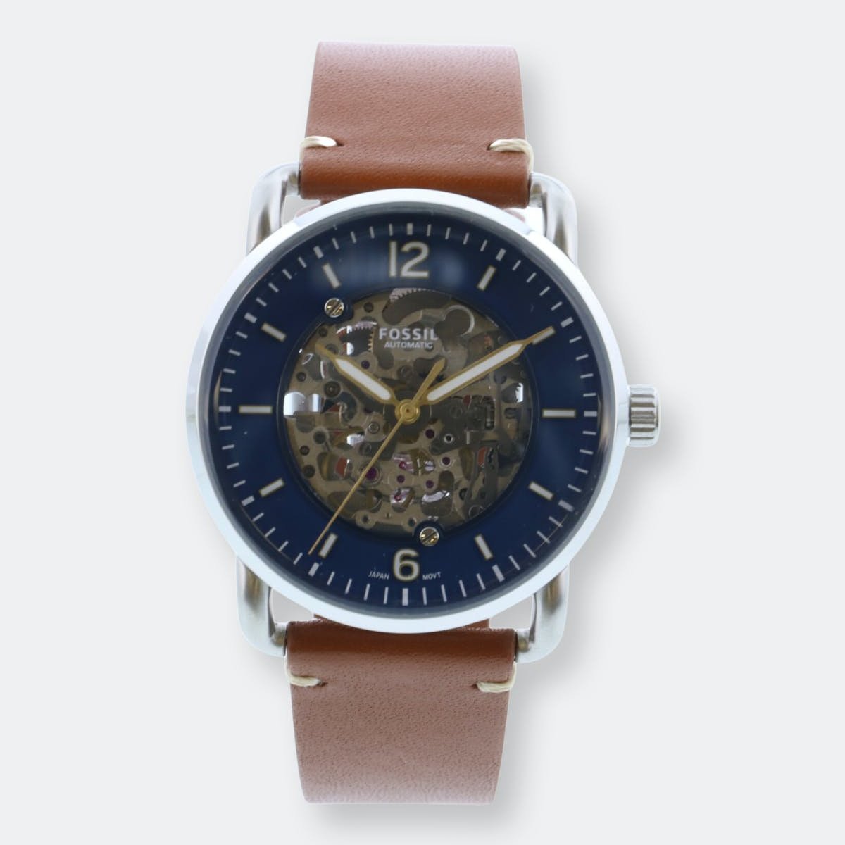 Fossil Commuter Automatic Skeleton Blue Dial Brown Leather Strap Watch for Men - ME3159