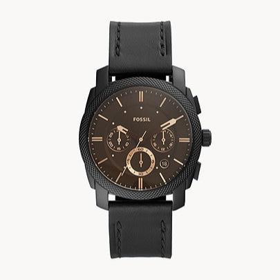 Fossil Machine Chronograph Black Dial Black Leather Strap Watch for Men - FS5586