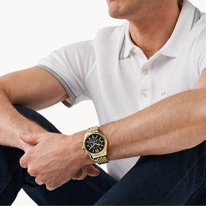 Michael Kors Lexington Chronograph Black Dial Gold Steel Strap Watch for Men - MK8286