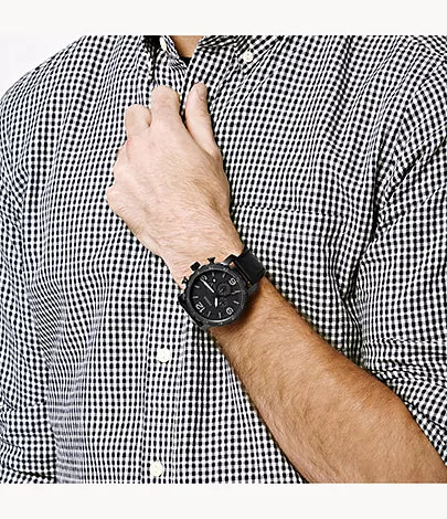 Fossil Nate Chronograph Black Dial Black Leather Strap Watch for Men - JR1354