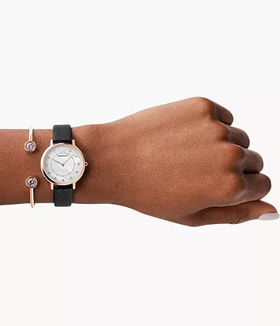 Emporio Armani Kappa Mother of Pearl Dial Black Leather Strap Watch For Women - AR80011