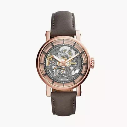 Fossil Boyfriend Automatic Skeleton Grey Dial Grey Leather Strap Watch for Women - ME3089