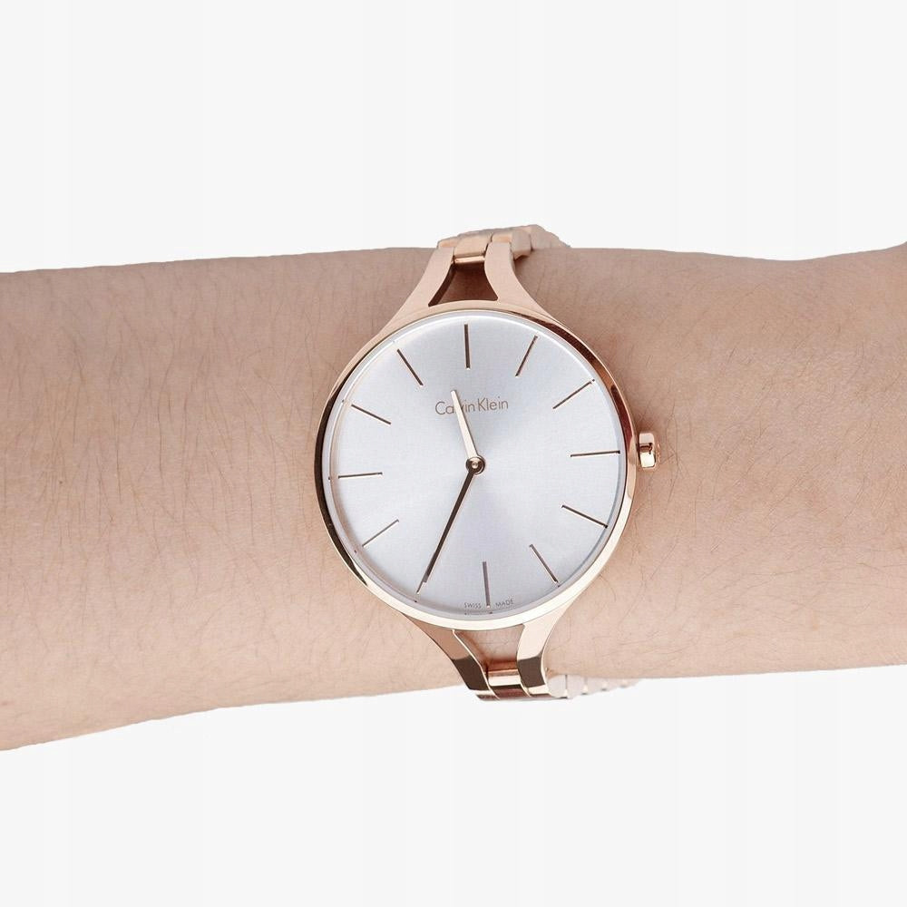 Calvin Klein Graphic Silver Dial Rose Gold Steel Strap Watch for Women - K7E23646