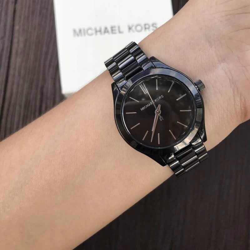 Michael Kors Mini Slim Runway Black Dial Black Steel Strap Watch for Women - MK3587