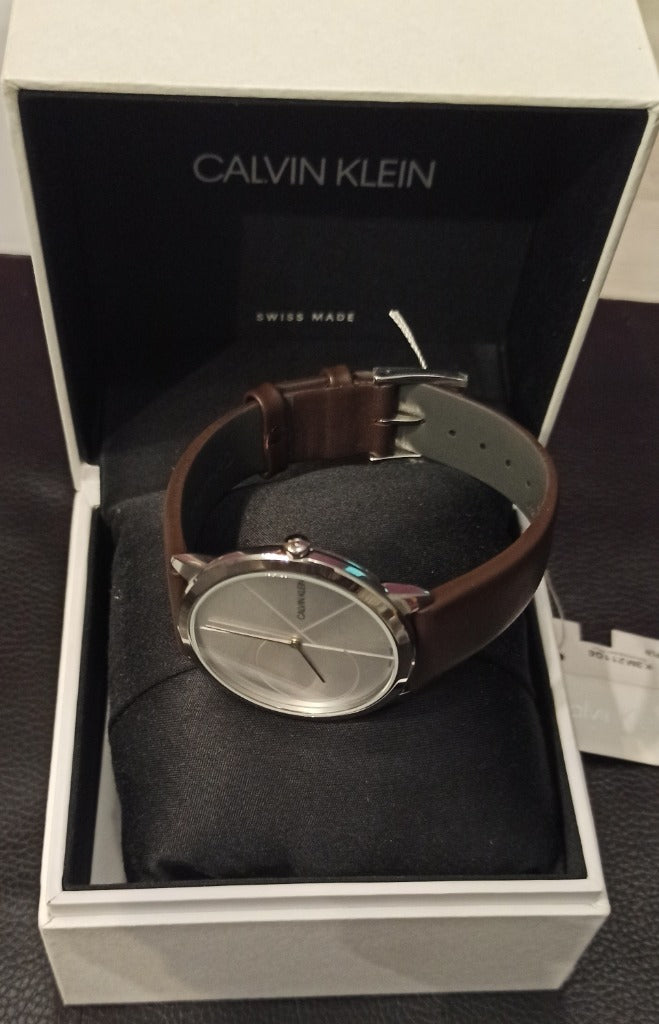 Calvin Klein Minimal Silver Dial Brown Leather Strap Watch for Men - K3M211G6