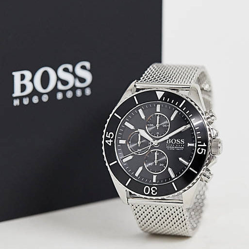Hugo Boss Ocean Edition Chronograph Black Dial Silver Mesh Bracelet Watch for Men - 1513701