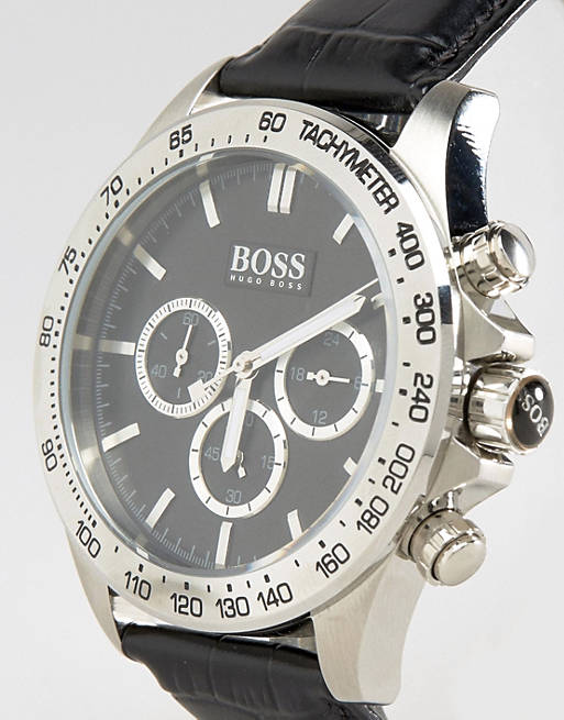 Hugo Boss Ikon Chronograph Black Dial Black Leather Strap Watch for Men - 1513178