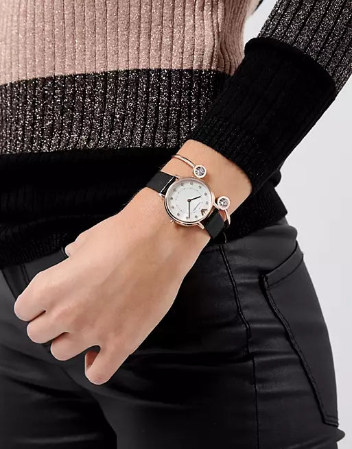 Emporio Armani Kappa Mother of Pearl Dial Black Leather Strap Watch For Women - AR80011