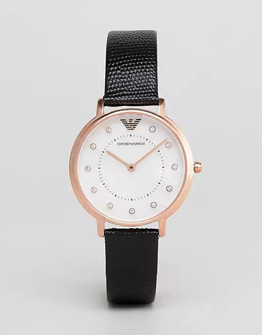 Emporio Armani Kappa Mother of Pearl Dial Black Leather Strap Watch For Women - AR80011