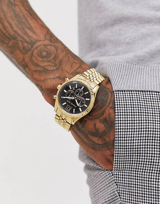 Michael Kors Lexington Chronograph Black Dial Gold Steel Strap Watch for Men - MK8286