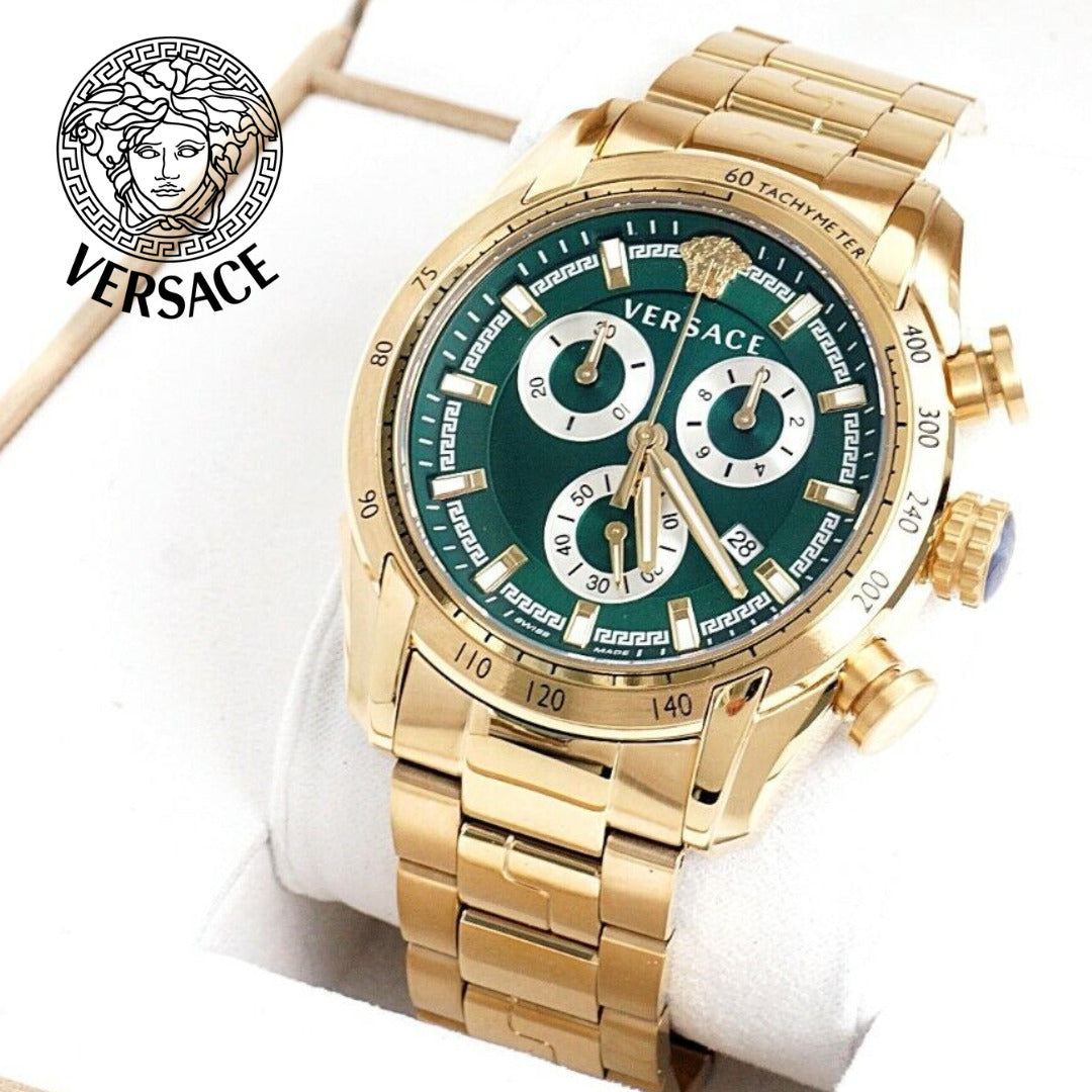 Versace V-Ray Chronograph Green Dial Gold Steel Strap Watch For Men - VE2I00621