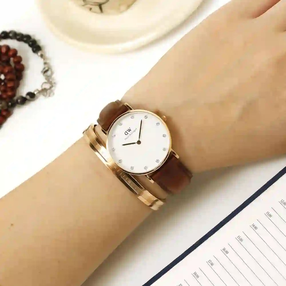 Daniel Wellington Classy St Mawes White Dial Brown Leather Strap Watch For Women - DW00100075
