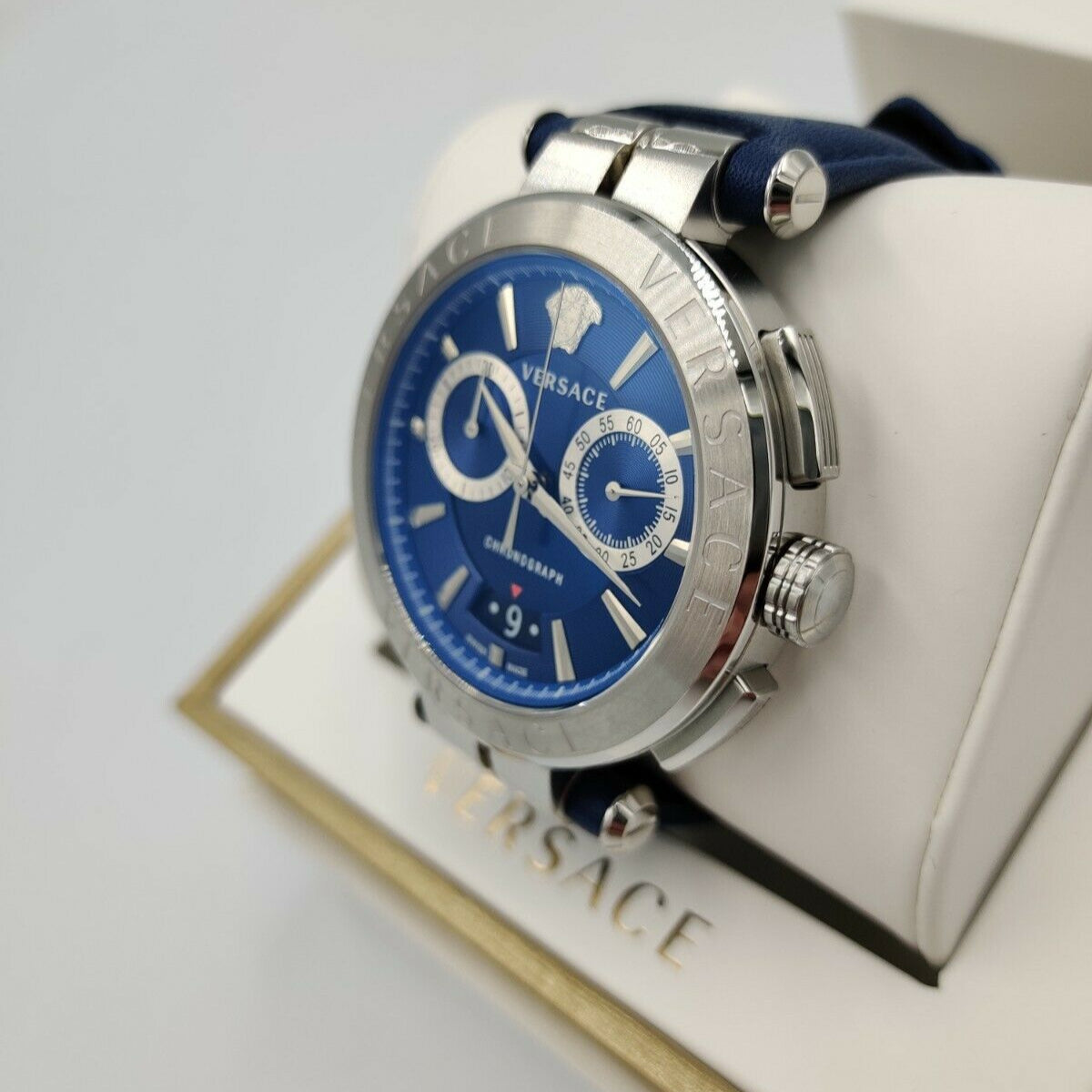 Versace Aion Chronograph Blue Dial Blue Leather Strap Watch for Men - VE1D01220