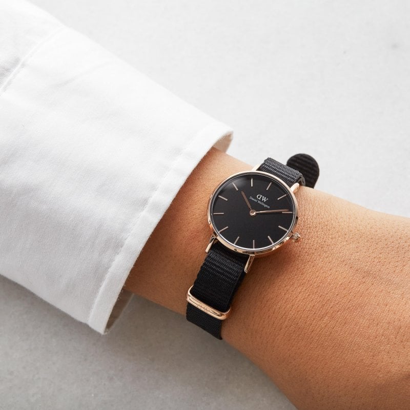 Daniel Wellington Classic Petite Cornwall Black Dial Black NATO Strap Watch For Women - DW00100216