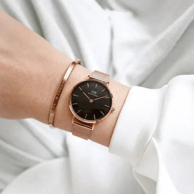 Daniel Wellington Petite Melrose Black Dial Rose Gold Mesh Strap Watch For Women - DW00100303