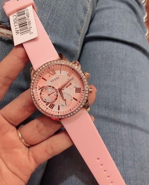 Guess Solar Rose Gold Dial Pink Rubber Strap Watch For Women - W1135L2