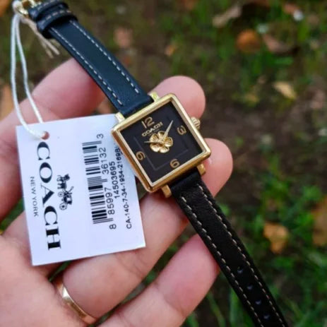 Coach Black Square Dial Black Leather Strap Watch for Women - 14503695
