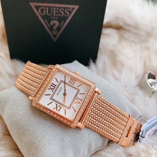 Guess Highline Off White Dial Rose Gold Stainless Steel Mesh Strap Watch For Women - W0826L3