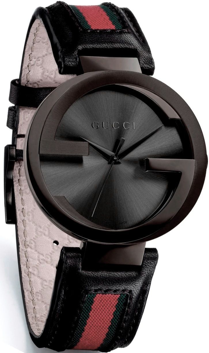 Gucci Interlocking G XL Black Dial Red & Green Leather Strap Watch For Men - YA133206